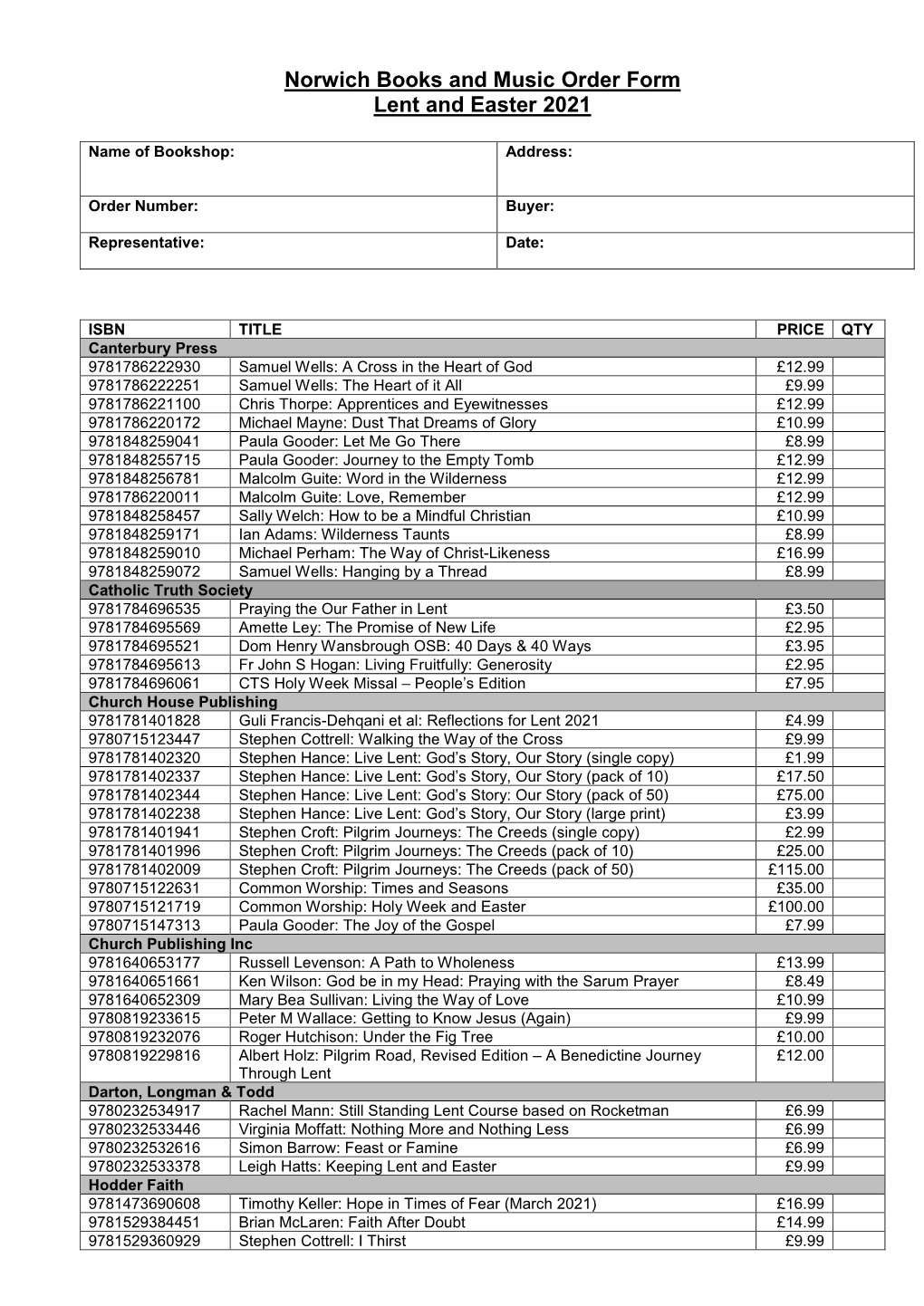 Lent and Easter 2021 Key Titles Order Form