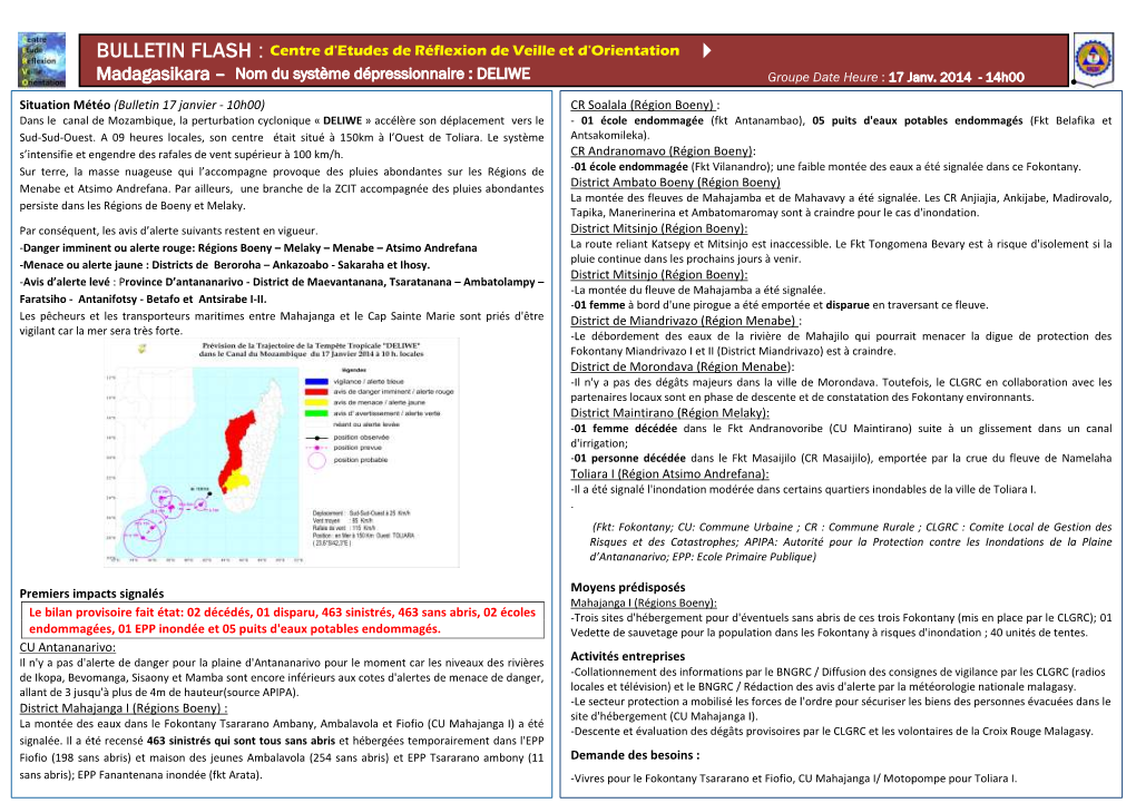 Madagasikara – Nom Du Système Dépressionnaire : DELIWE Groupe Date Heure : 17 Janv