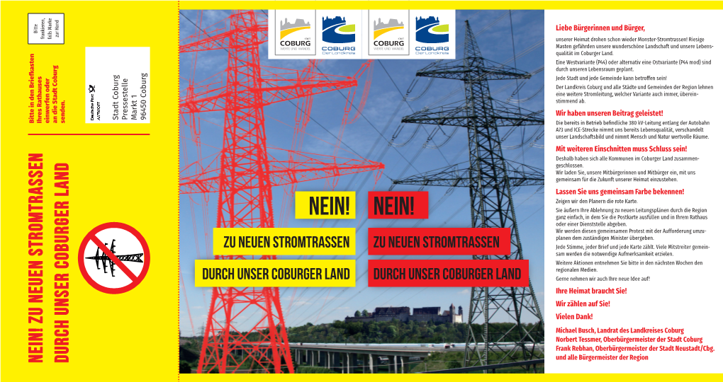 Nein! Zu Neuen Stromtrassen Ihres Rathauses Frankieren, Einwerfen Oder Falls Marke an Die Stadt Coburg Zur Hand Durch Unser Coburger Land Senden