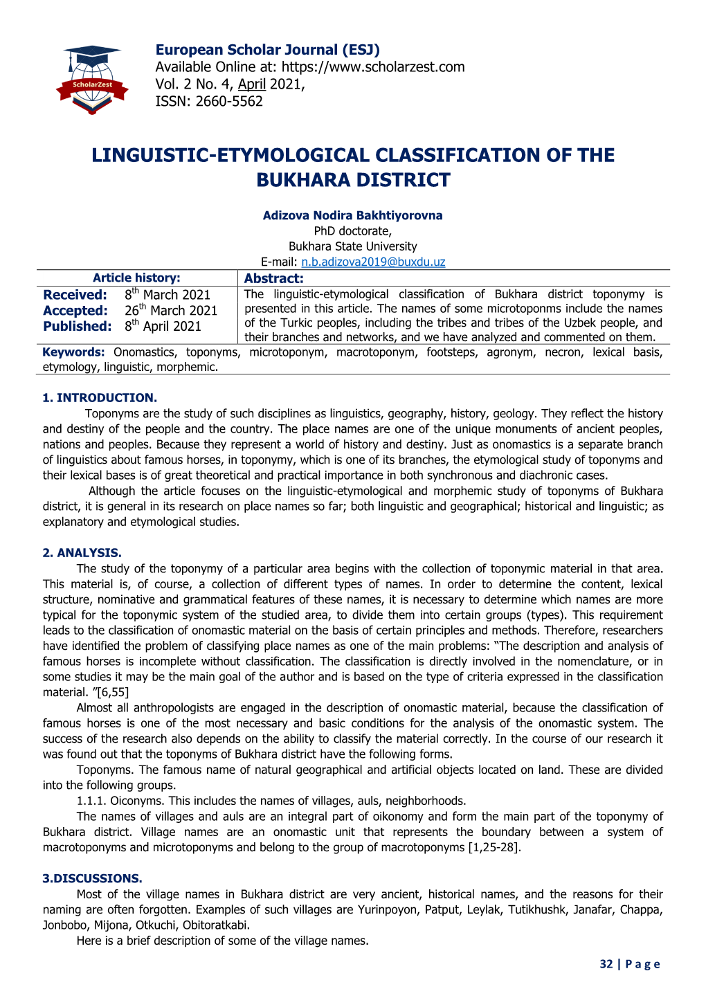 Linguistic-Etymological Classification of the Bukhara District