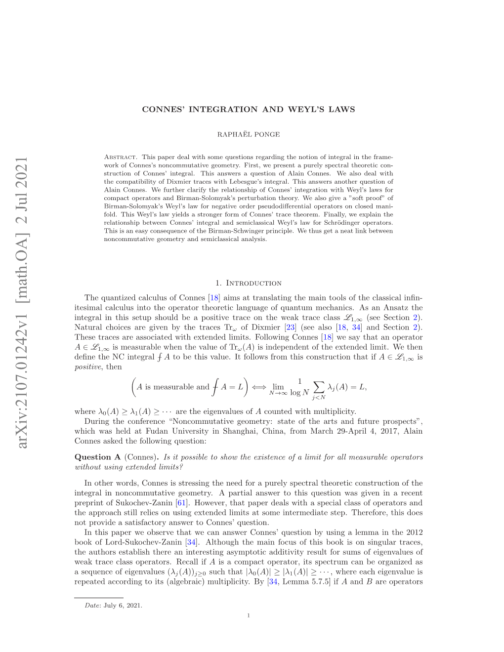 Arxiv:2107.01242V1 [Math.OA] 2 Jul 2021 Euneo Ievle ( Eigenvalues of Sequence a Eetdacrigt T Agbac Utpiiy Y[ by Multiplicity