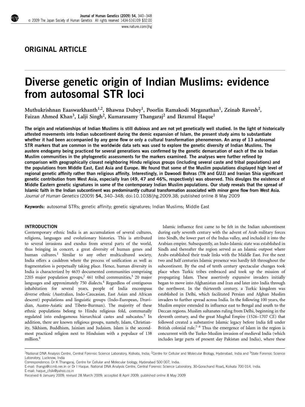 Diverse Genetic Origin of Indian Muslims: Evidence from Autosomal STR Loci