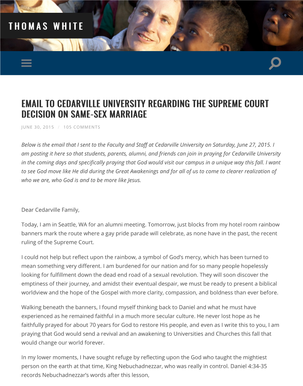 Email to Cedarville University Regarding the Supreme Court Decision on Same-Sex Marriage