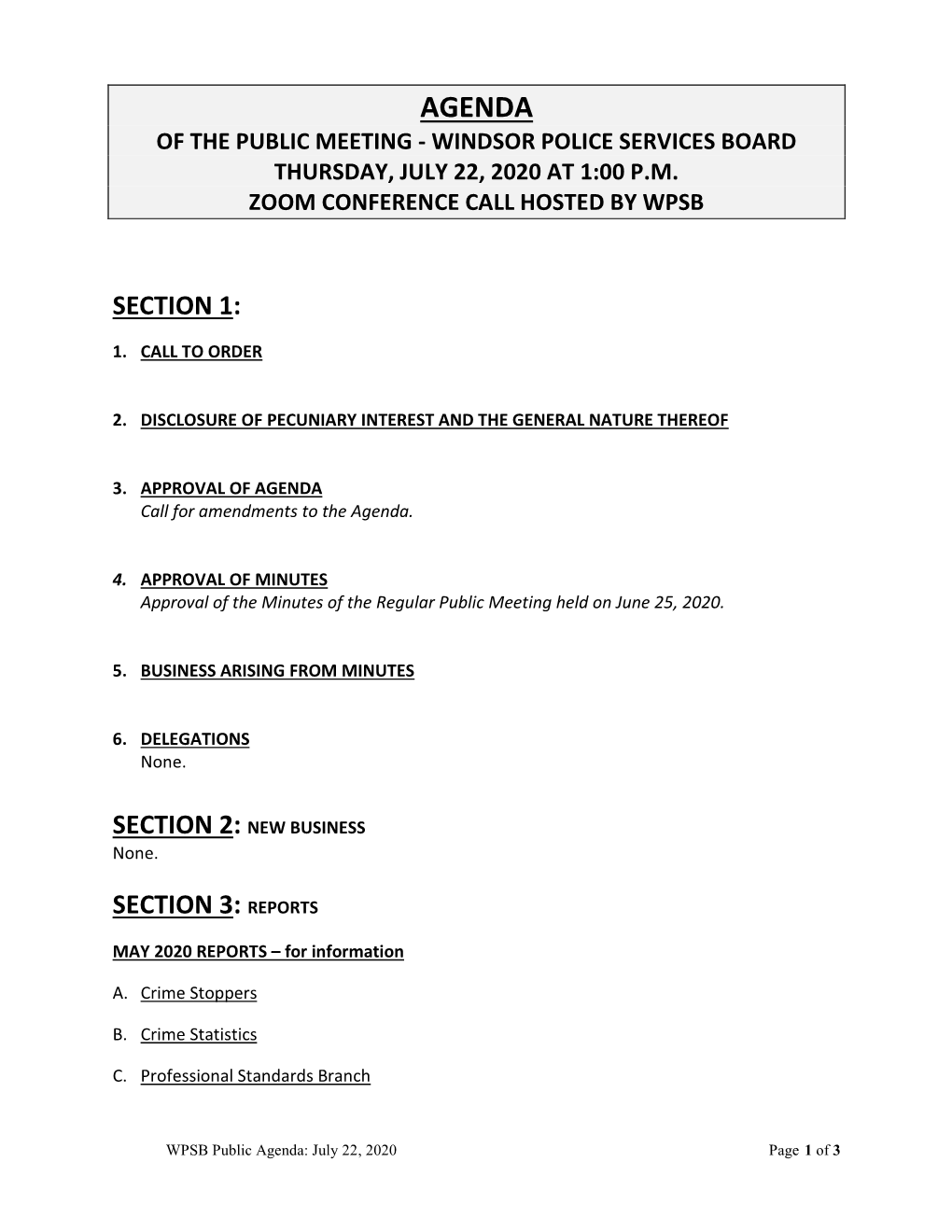 Agenda of the Public Meeting - Windsor Police Services Board Thursday, July 22, 2020 at 1:00 P.M