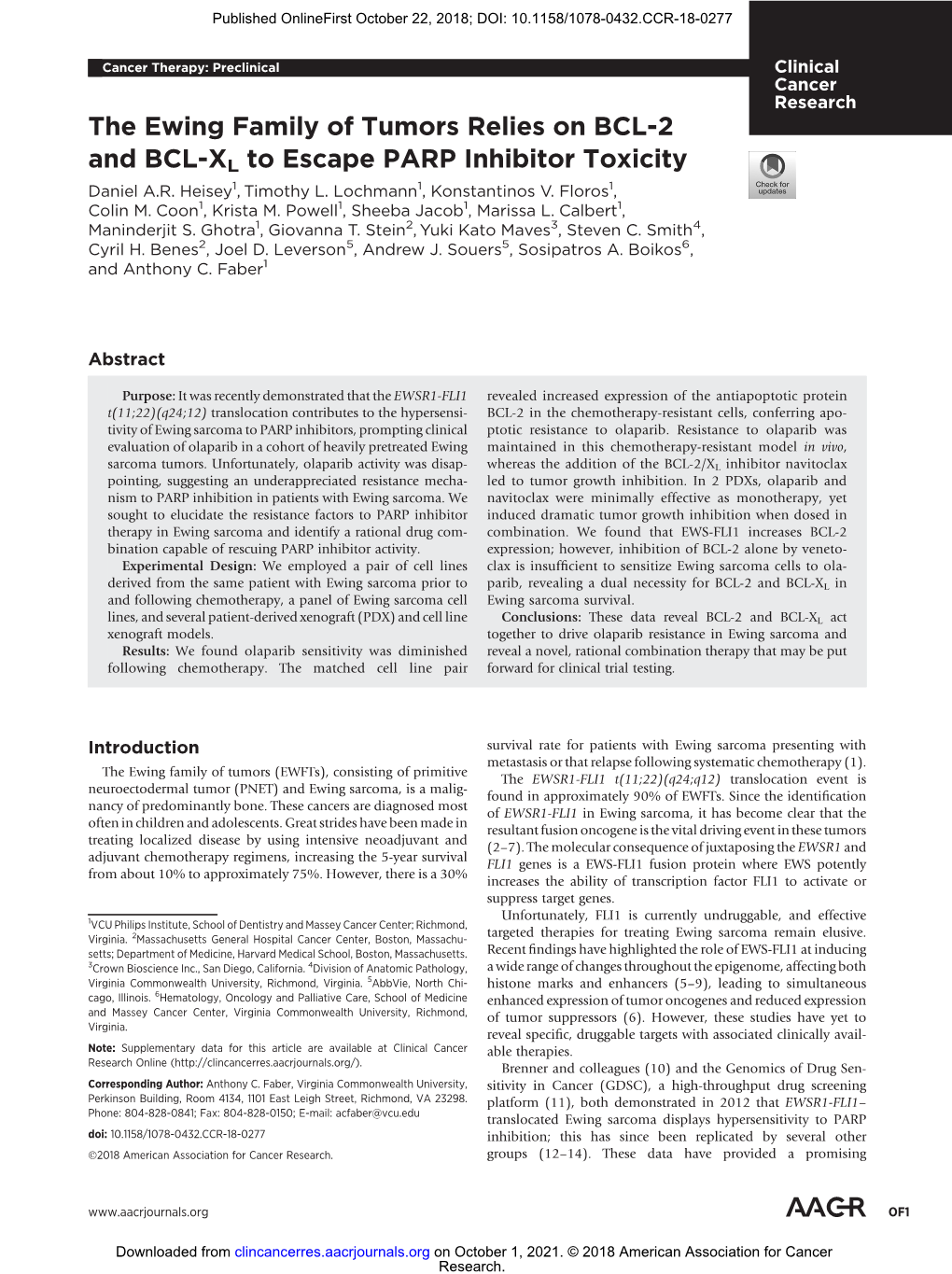 The Ewing Family of Tumors Relies on BCL-2 and BCL-XL to Escape PARP Inhibitor Toxicity Daniel A.R