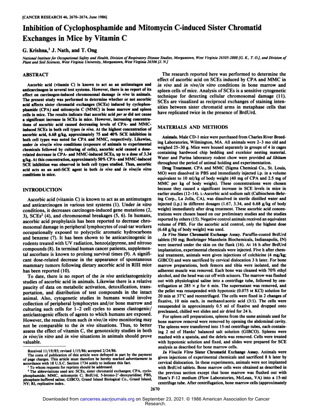 Inhibition of Cyclophosphamide and Mitomycin C-Induced Sister Chromatid Exchanges in Mice by Vitamin C