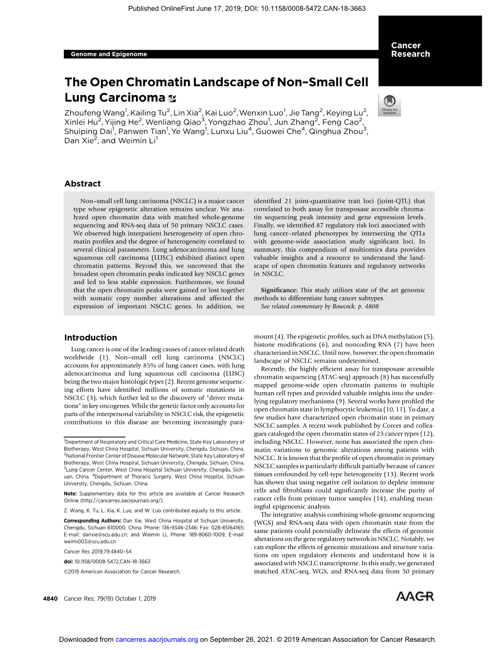 The Open Chromatin Landscape of Non–Small Cell Lung Carcinoma