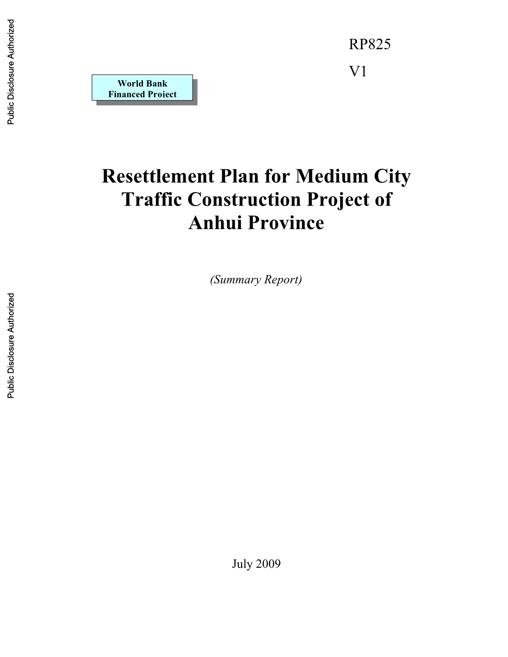 Resettlement Plan for Medium City Traffic Construction Project of Anhui Province