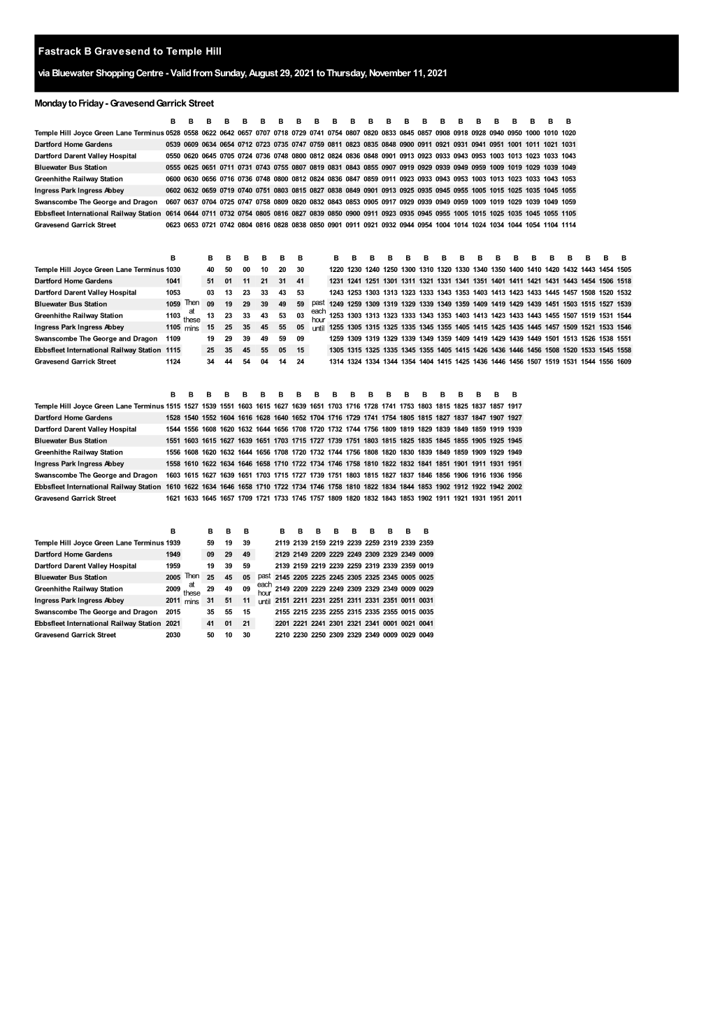 Fastrack B Gravesend to Temple Hill Via Bluewater Shopping Centre - Valid from Sunday, August 29, 2021 to Thursday, November 11, 2021