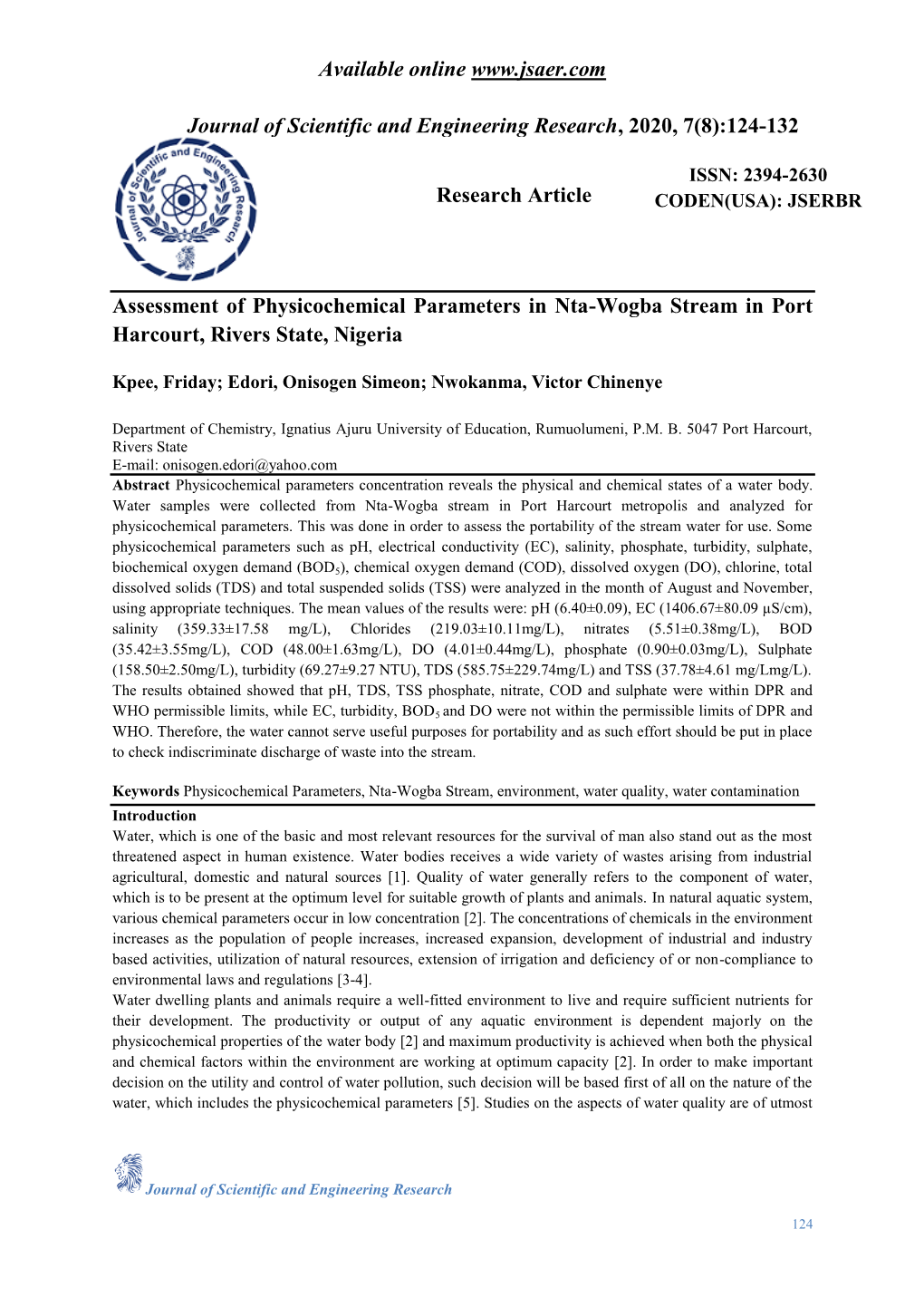 Assessment of Physicochemical Parameters in Nta-Wogba Stream in Port Harcourt, Rivers State, Nigeria