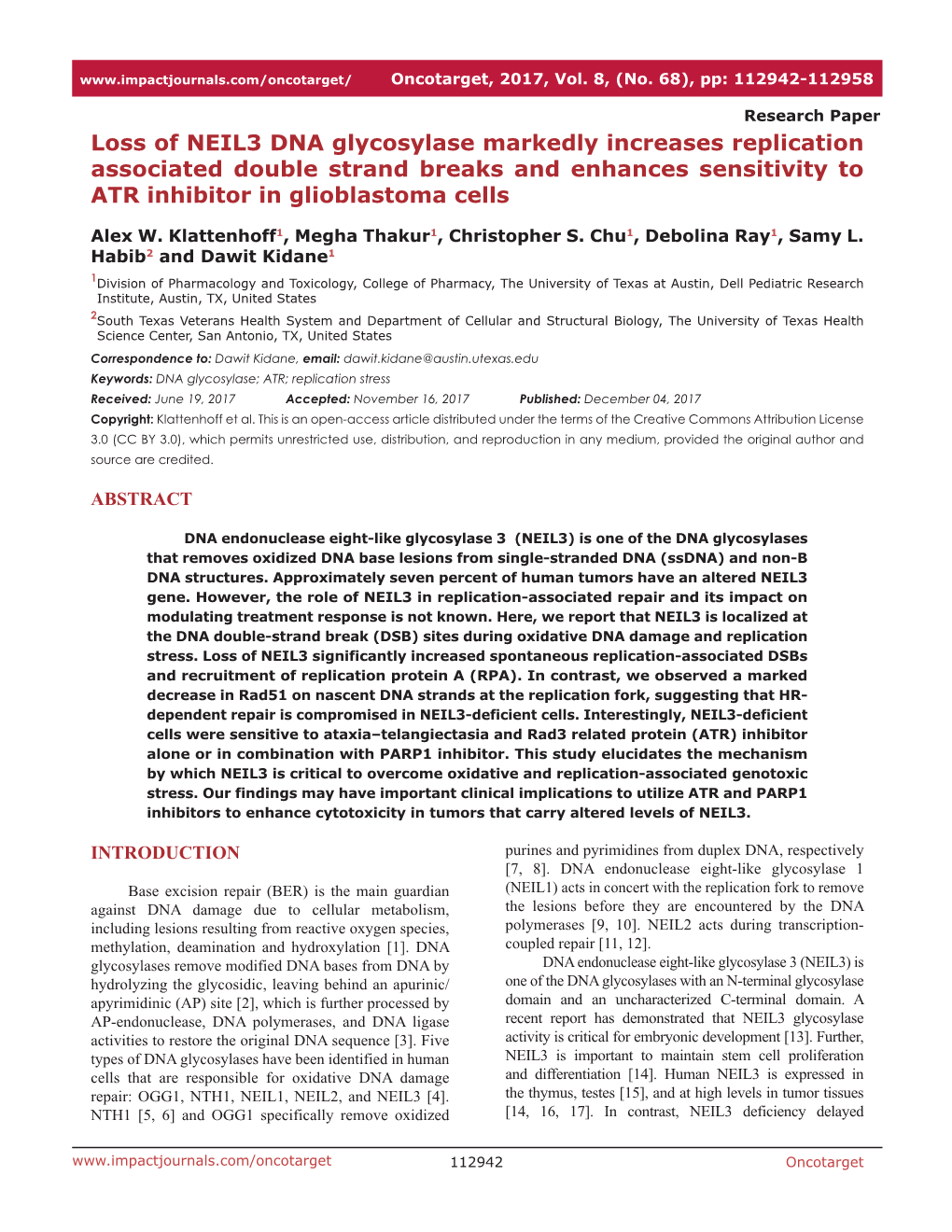 Loss of NEIL3 DNA Glycosylase Markedly Increases Replication Associated Double Strand Breaks and Enhances Sensitivity to ATR Inhibitor in Glioblastoma Cells