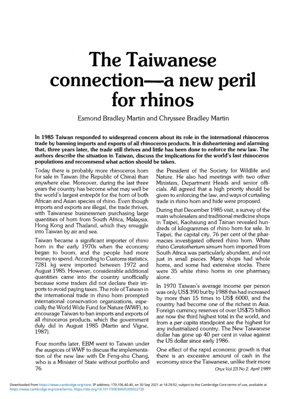The Taiwanese Connection—A New Peril for Rhinos Esmond Bradley Martin and Chryssee Bradley Martin