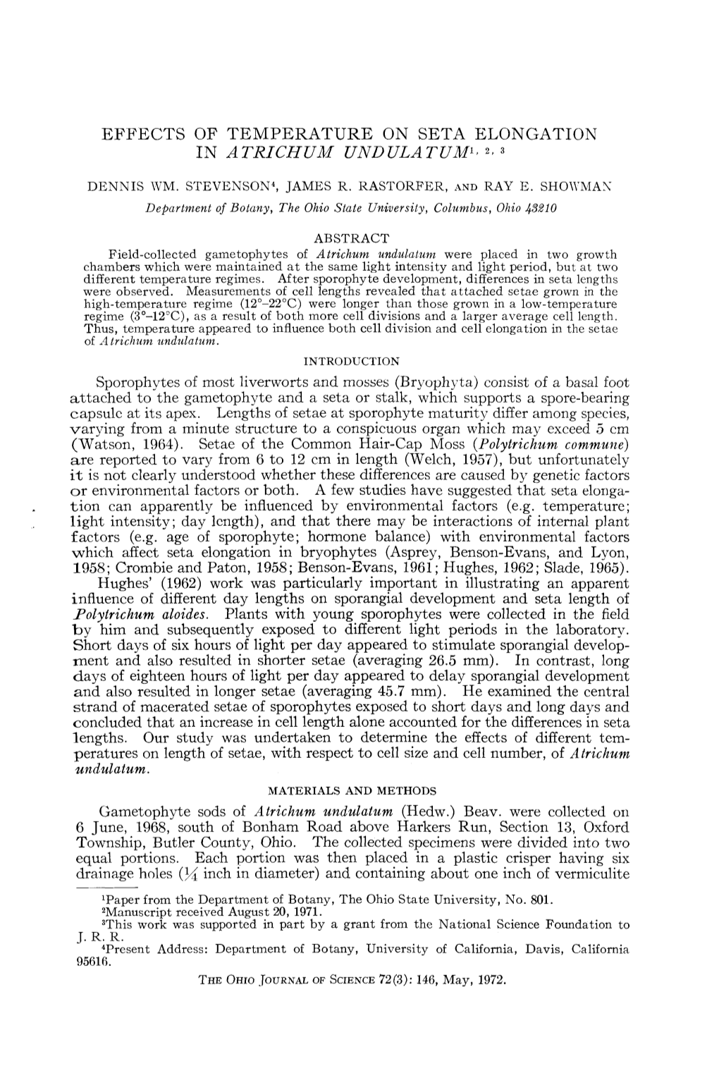 Effects of Temperature on Seta Elongation in Atrichum Undulatum^ 2- 3