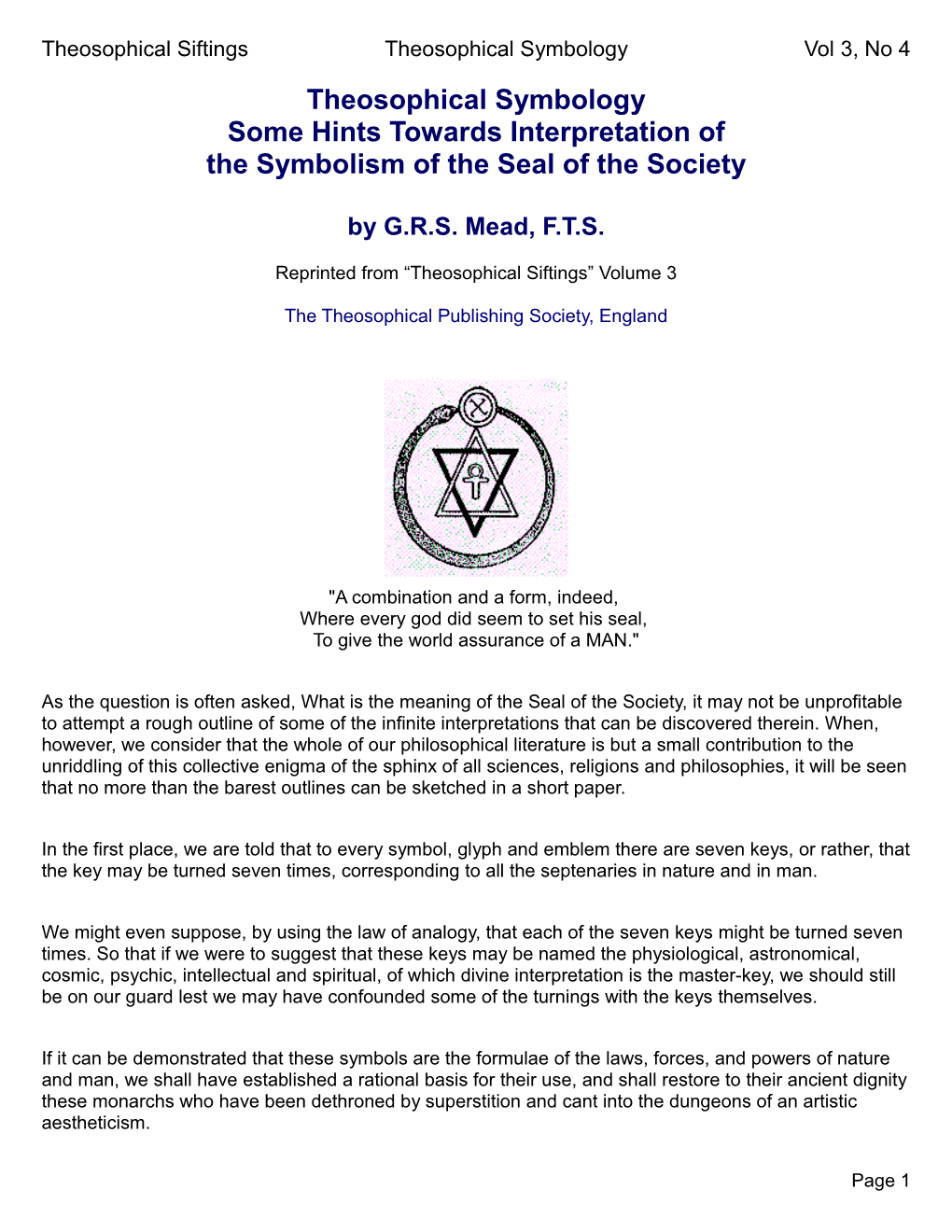 Theosophical Symbology Some Hints Towards Interpretation of the Symbolism of the Seal of the Society