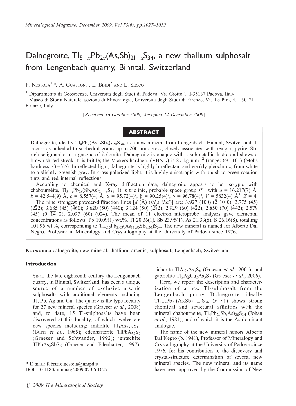 21Àxs34, a New Thallium Sulphosalt from Lengenbach Quarry, Binntal, Switzerland