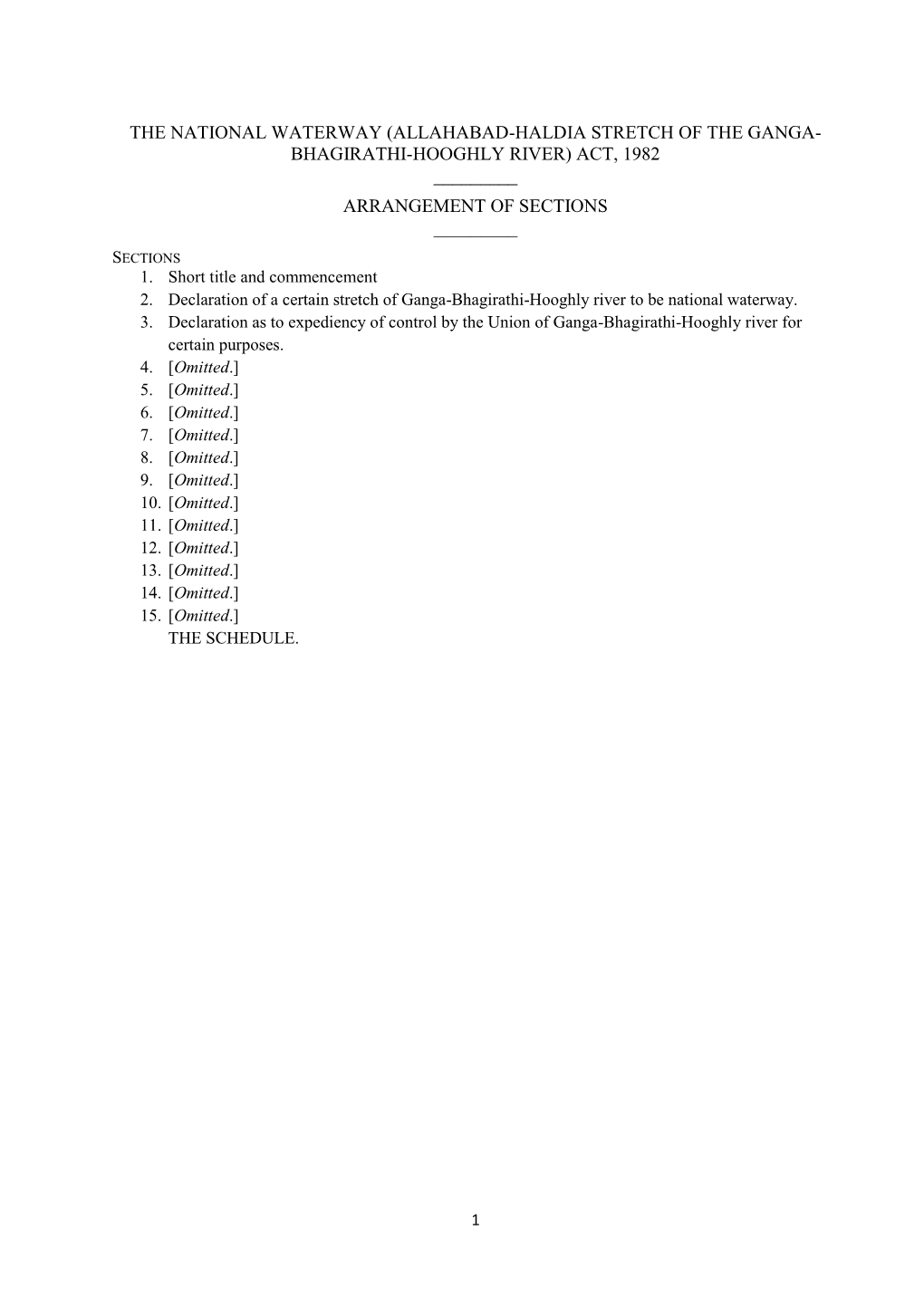 The National Waterway (Allahabad-Haldia Stretch of the Ganga- Bhagirathi-Hooghly River) Act, 1982 ______Arrangement of Sections ______Sections 1