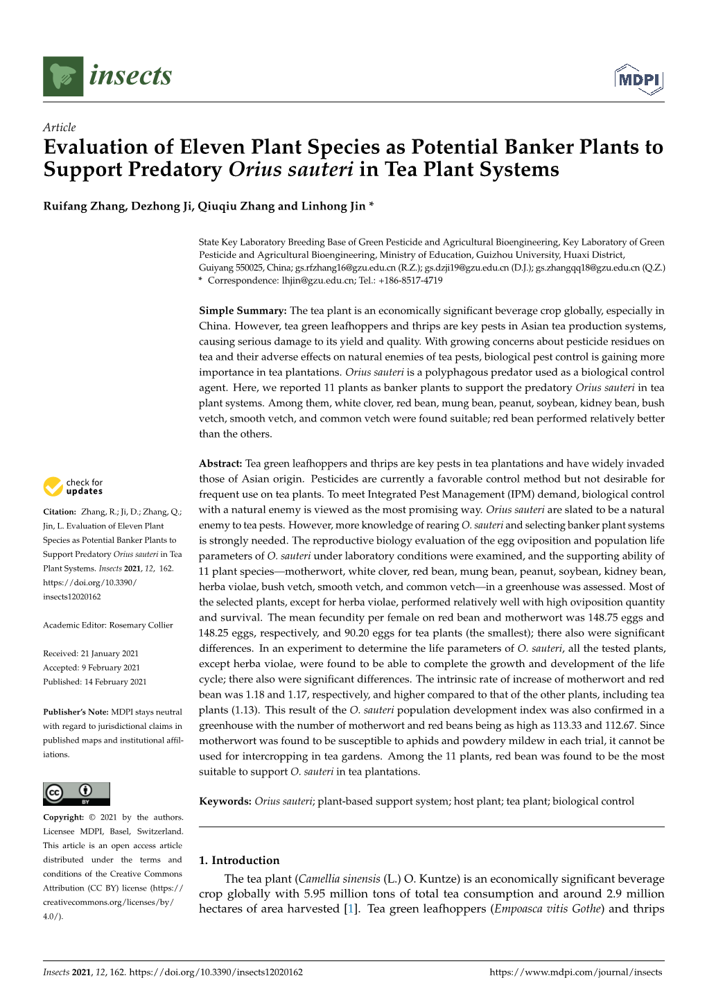 Evaluation of Eleven Plant Species As Potential Banker Plants to Support Predatory Orius Sauteri in Tea Plant Systems