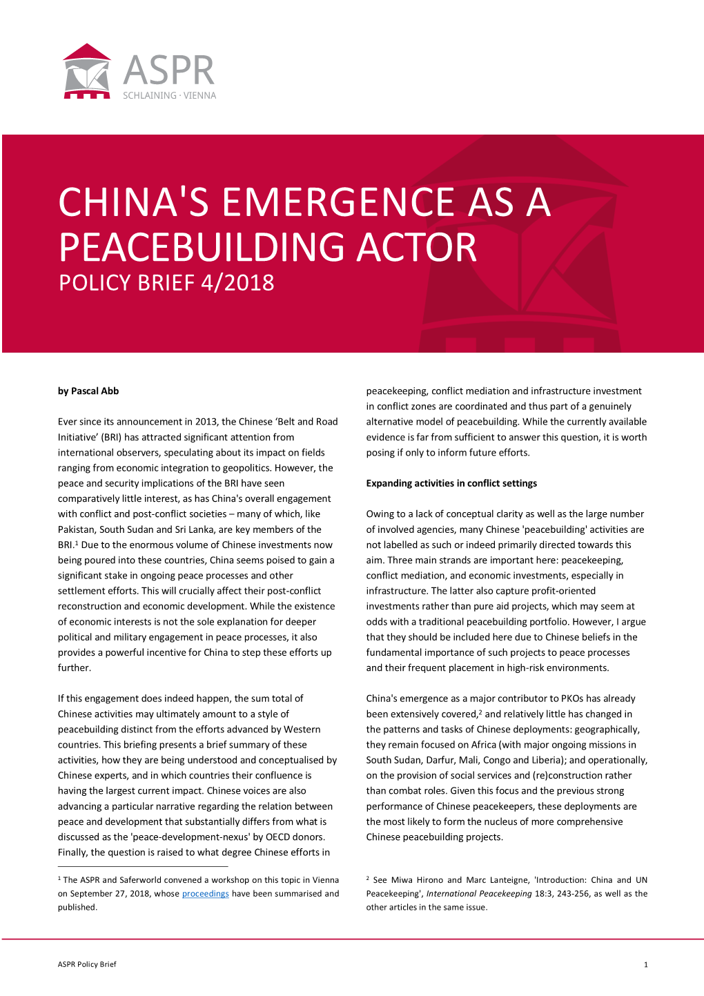 Aspr China's Emergence As a Peacebuilding Actor