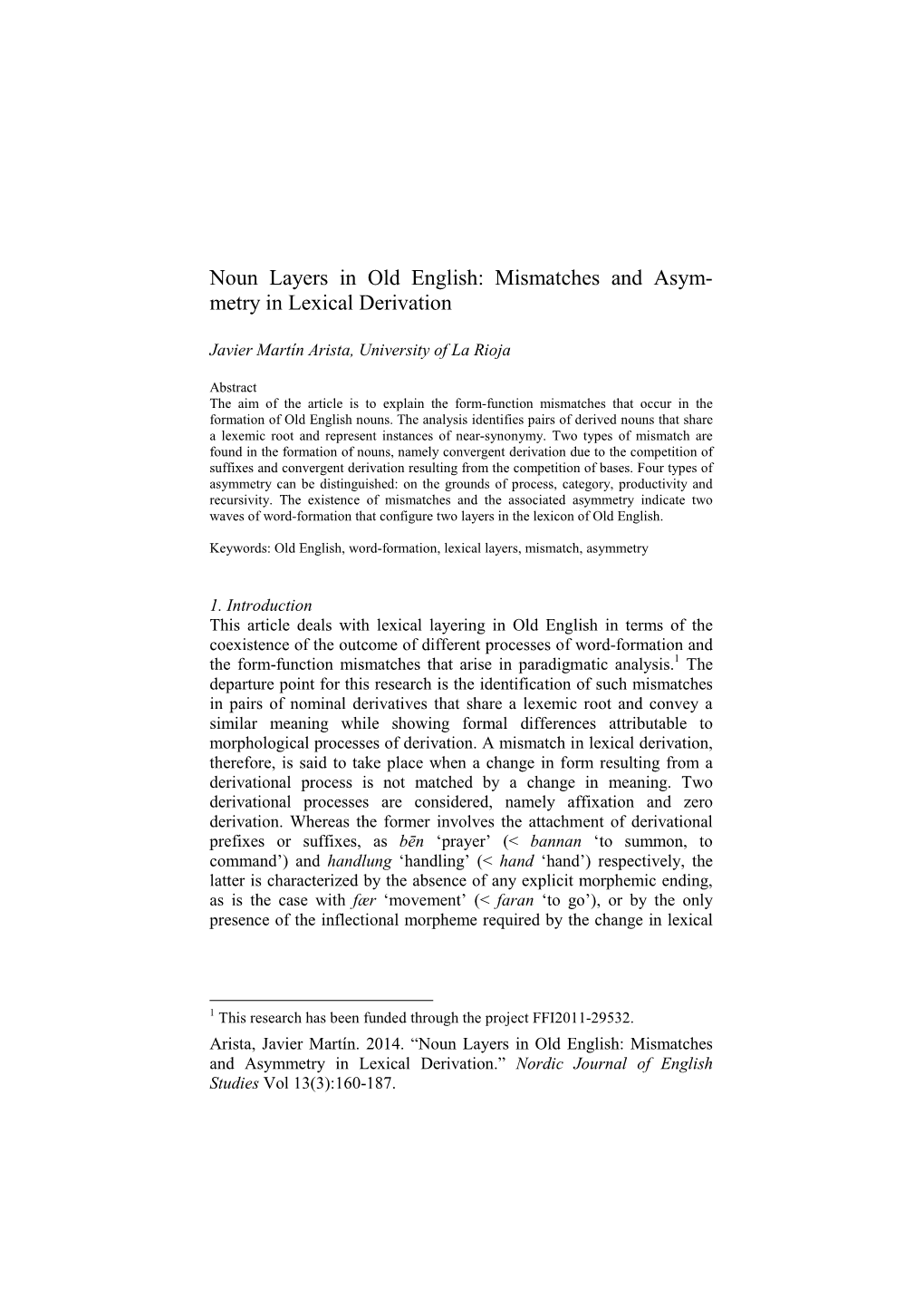 Noun Layers in Old English: Mismatches and Asym- Metry in Lexical Derivation