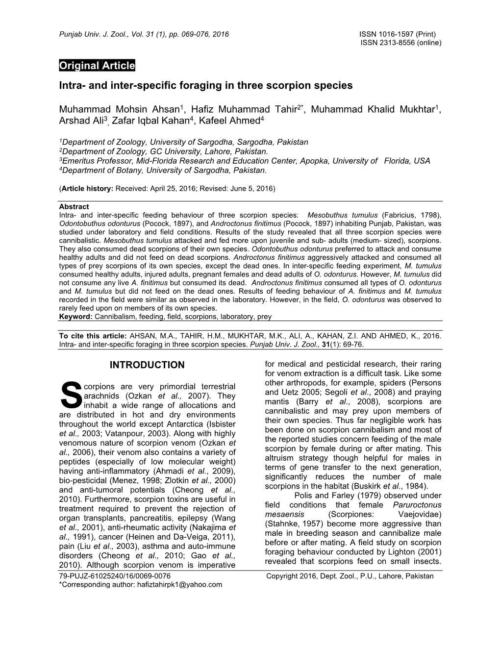 Intra- and Inter-Specific Foraging in Three Scorpion Species. Punjab Univ