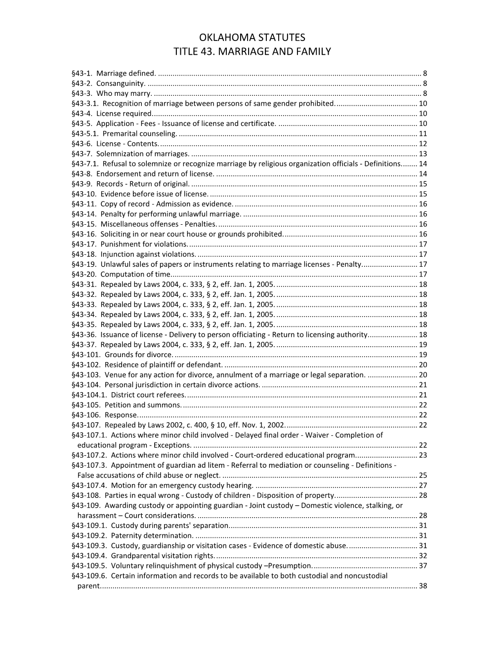 Oklahoma Statutes Title 43. Marriage and Family