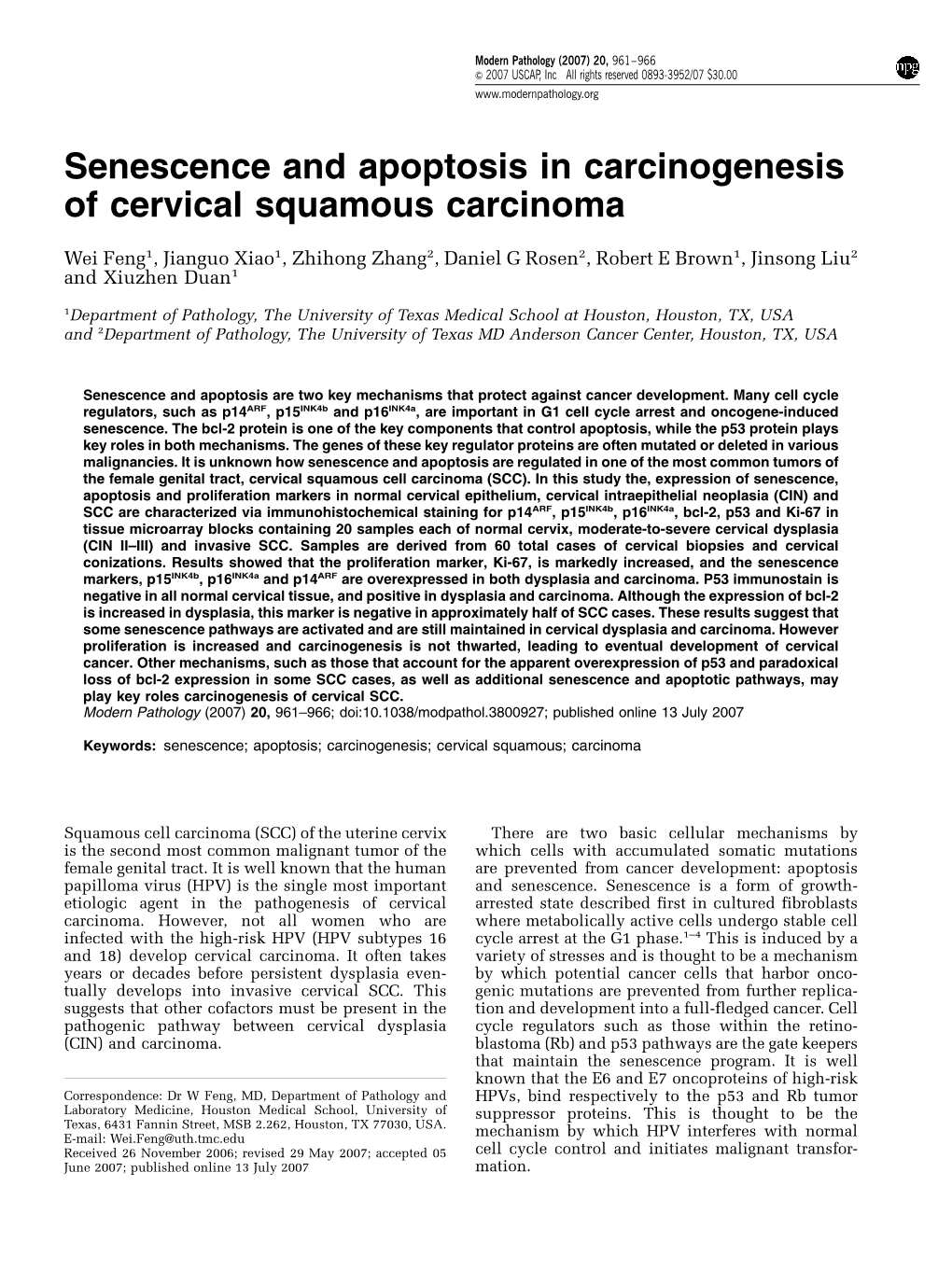 Senescence and Apoptosis in Carcinogenesis of Cervical Squamous Carcinoma