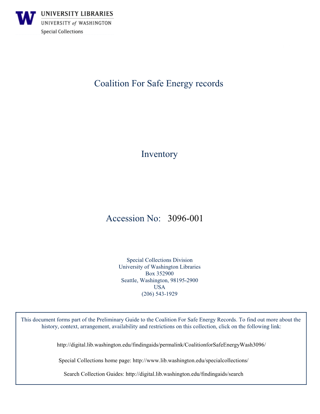 3096-001 Coalition for Safe Energy Records Inventory Accession