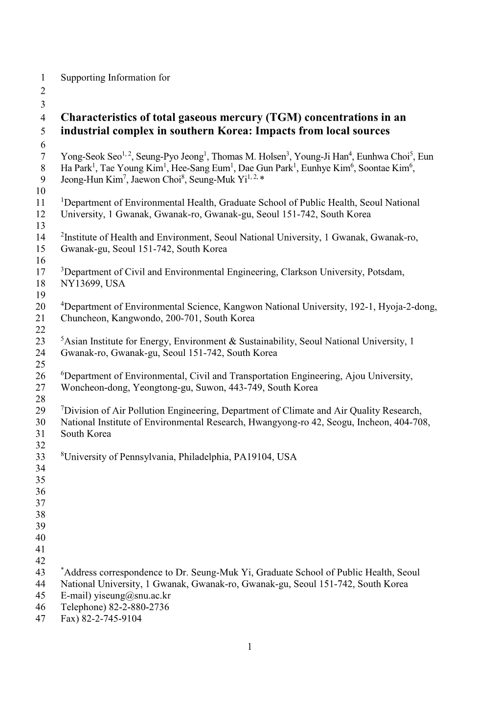 Characteristics of Total Gaseous Mercury (TGM) Concentrations in An