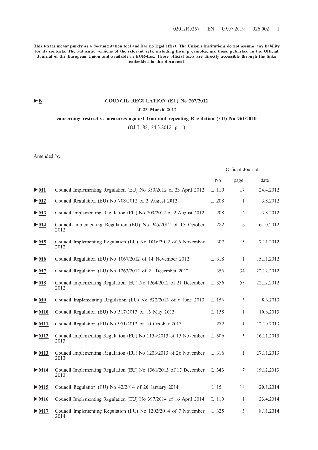 COUNCIL REGULATION (EU) No 267/2012 of 23 March 2012 Concerning Restrictive Measures Against Iran and Repealing Regulation (EU) No 961/2010 (OJ L 88, 24.3.2012, P