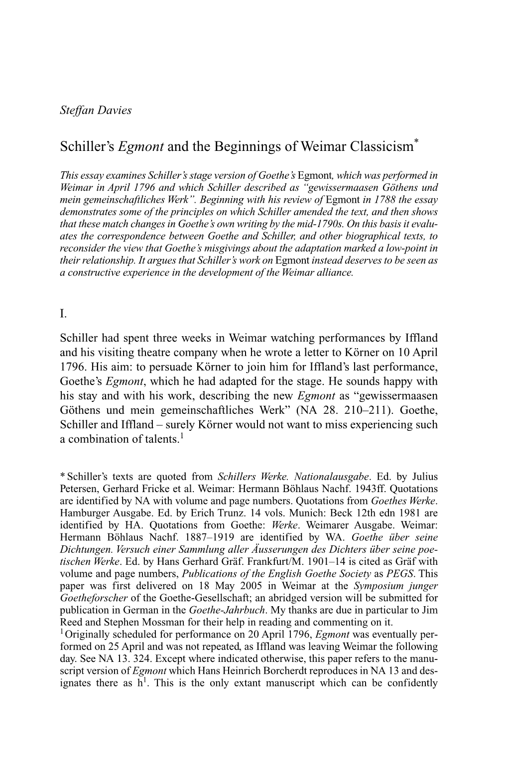 Schiller's Egmont and the Beginnings of Weimar Classicism*