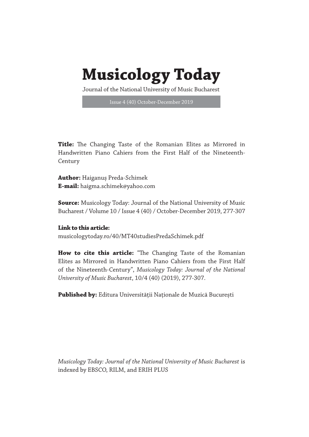 Musicology Today Journal of the National University of Music Bucharest