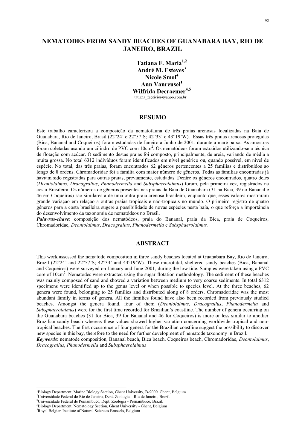 Nematodes from Sandy Beaches of Guanabara Bay, Rio De Janeiro, Brazil