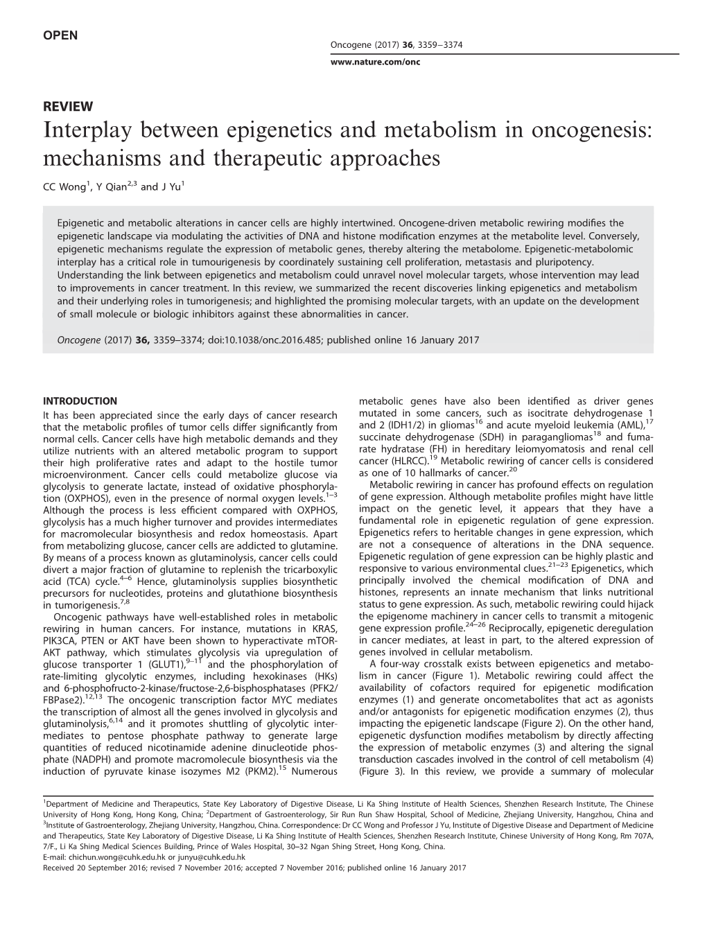 Interplay Between Epigenetics and Metabolism in Oncogenesis: Mechanisms and Therapeutic Approaches