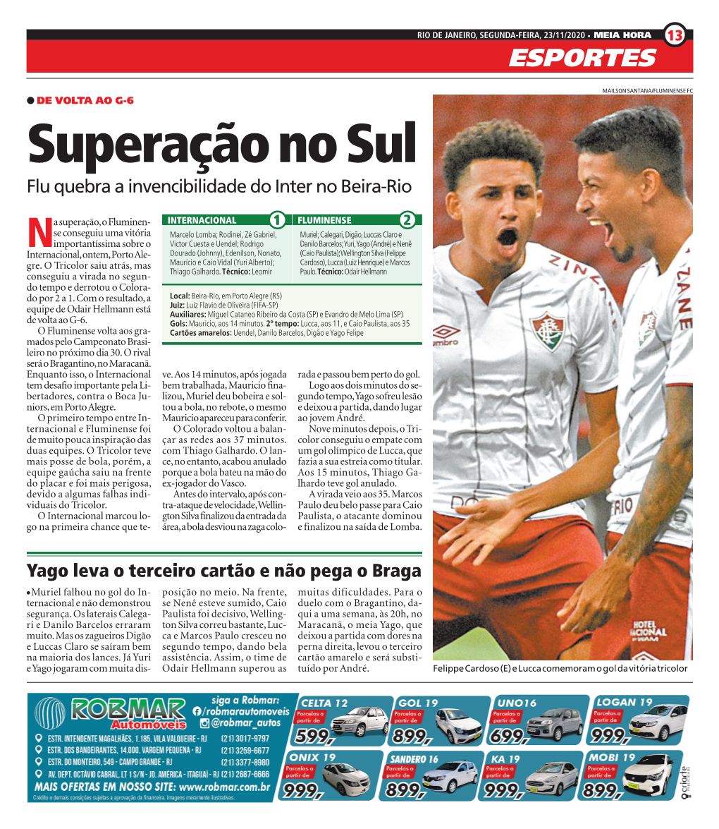 Superação No Sul Flu Quebra a Invencibilidade Do Inter No Beira-Rio