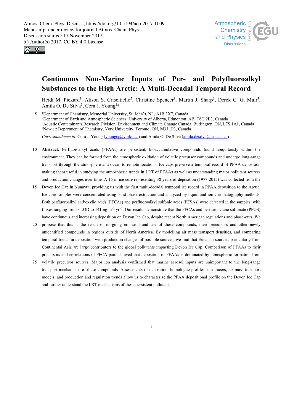 And Polyfluoroalkyl Substances to the High Arctic: a Multi-Decadal Temporal Record Heidi M