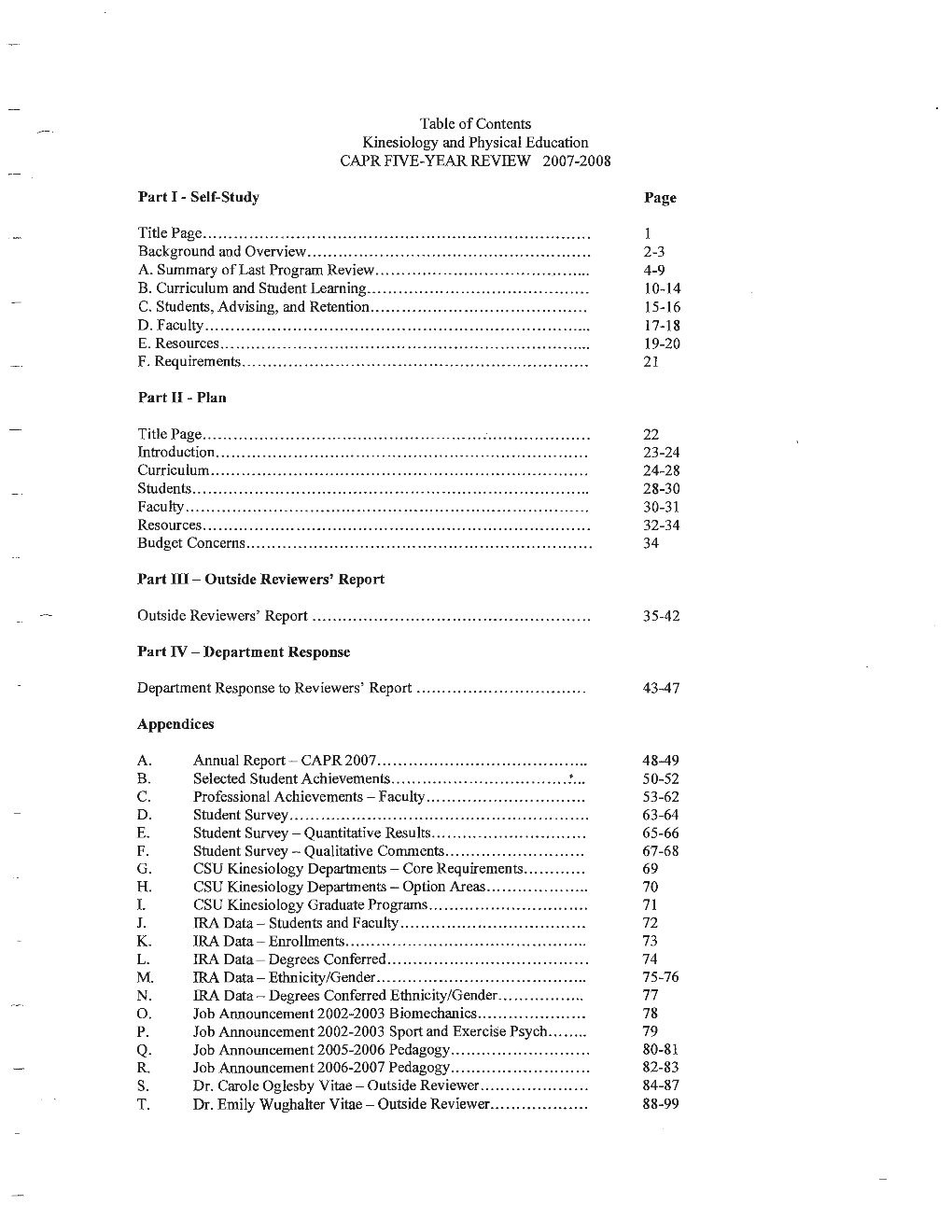 Table of Contents Kinesiology and Physical Education CAPRFIVE-YEARREVIEW 2007-2008