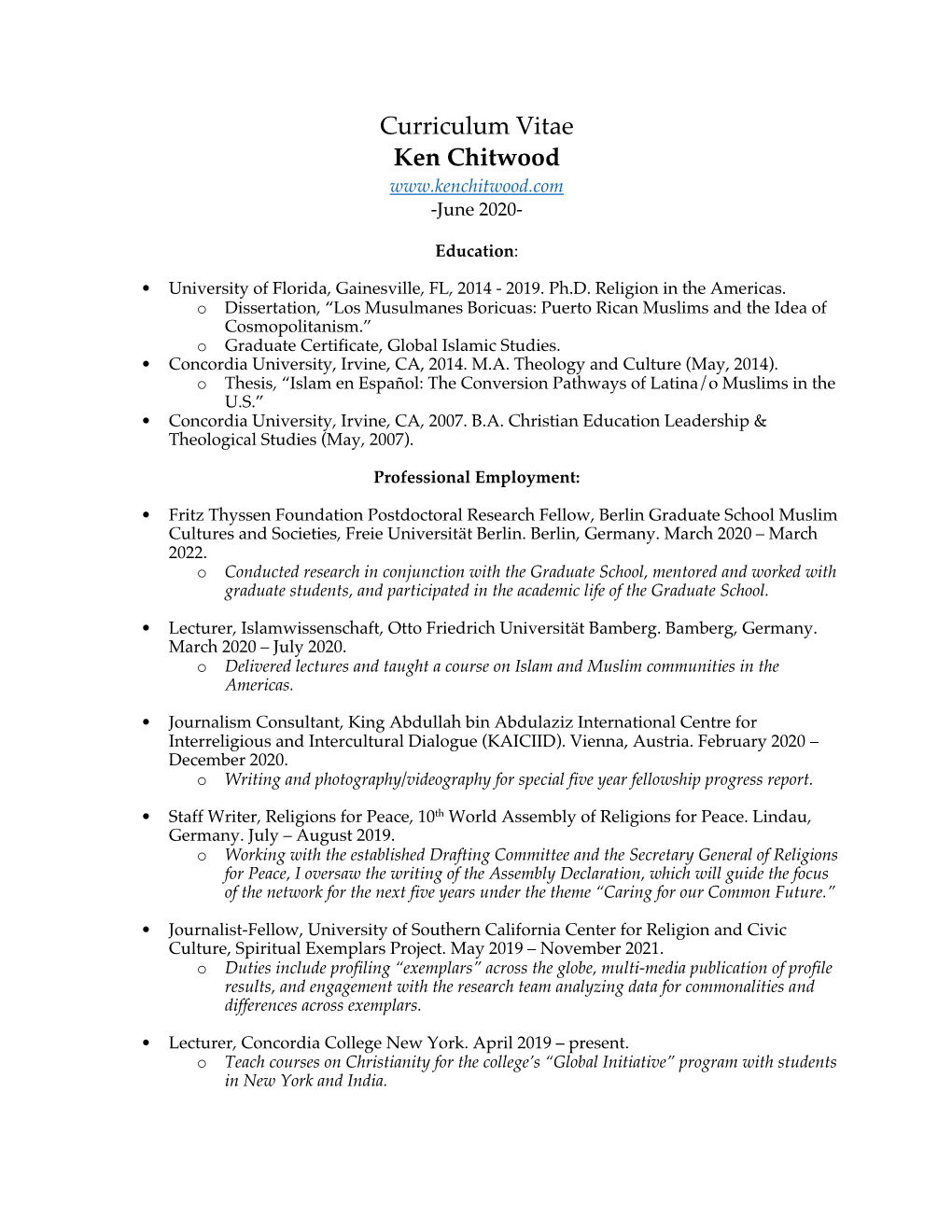 Curriculum Vitae Ken Chitwood -June 2020