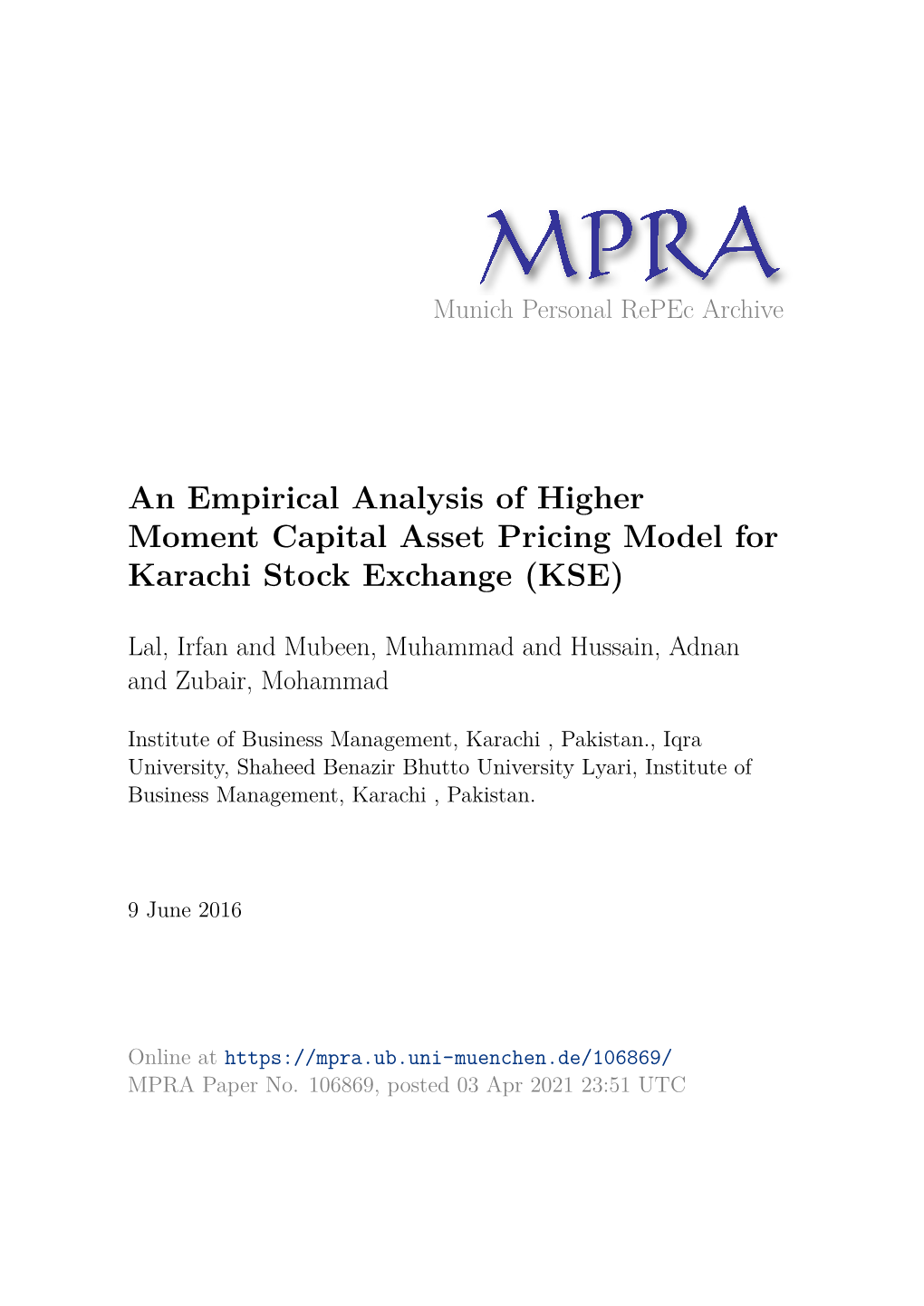 An Empirical Analysis of Higher Moment Capital Asset Pricing Model for Karachi Stock Exchange (KSE)