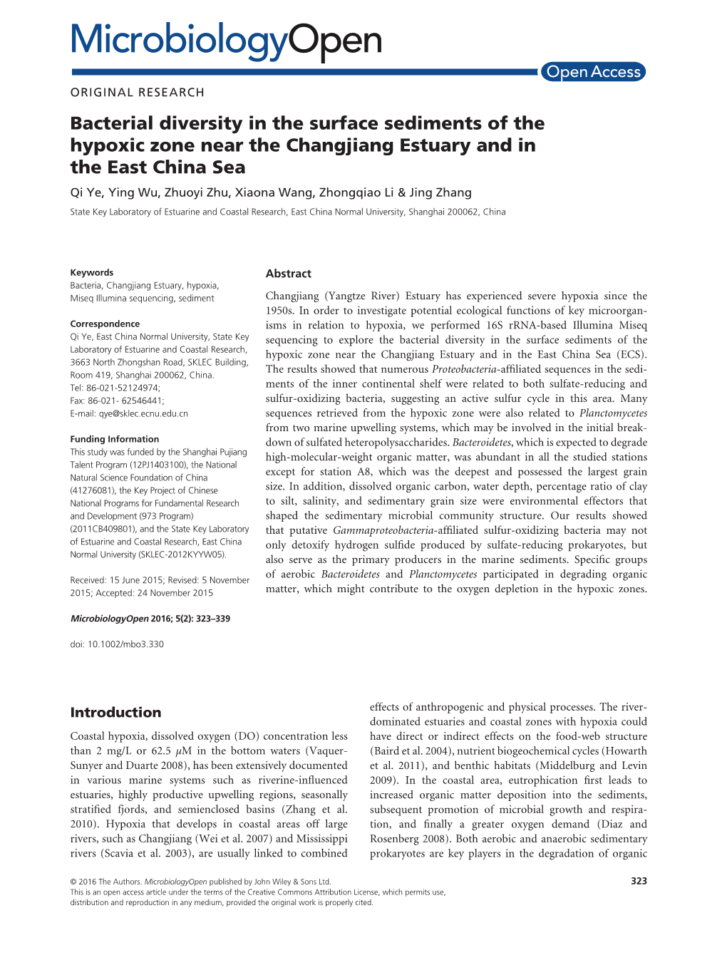 Bacterial Diversity in the Surface Sediments of the Hypoxic Zone Near