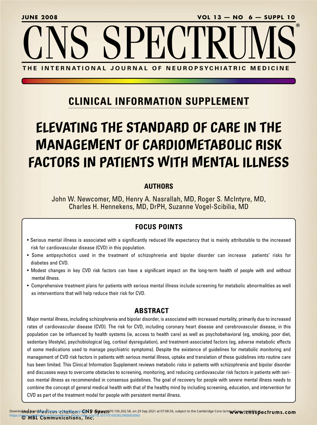 Elevating the Standard of Care in the Management of Cardiometabolic Risk Factors in Patients with Mental Illness