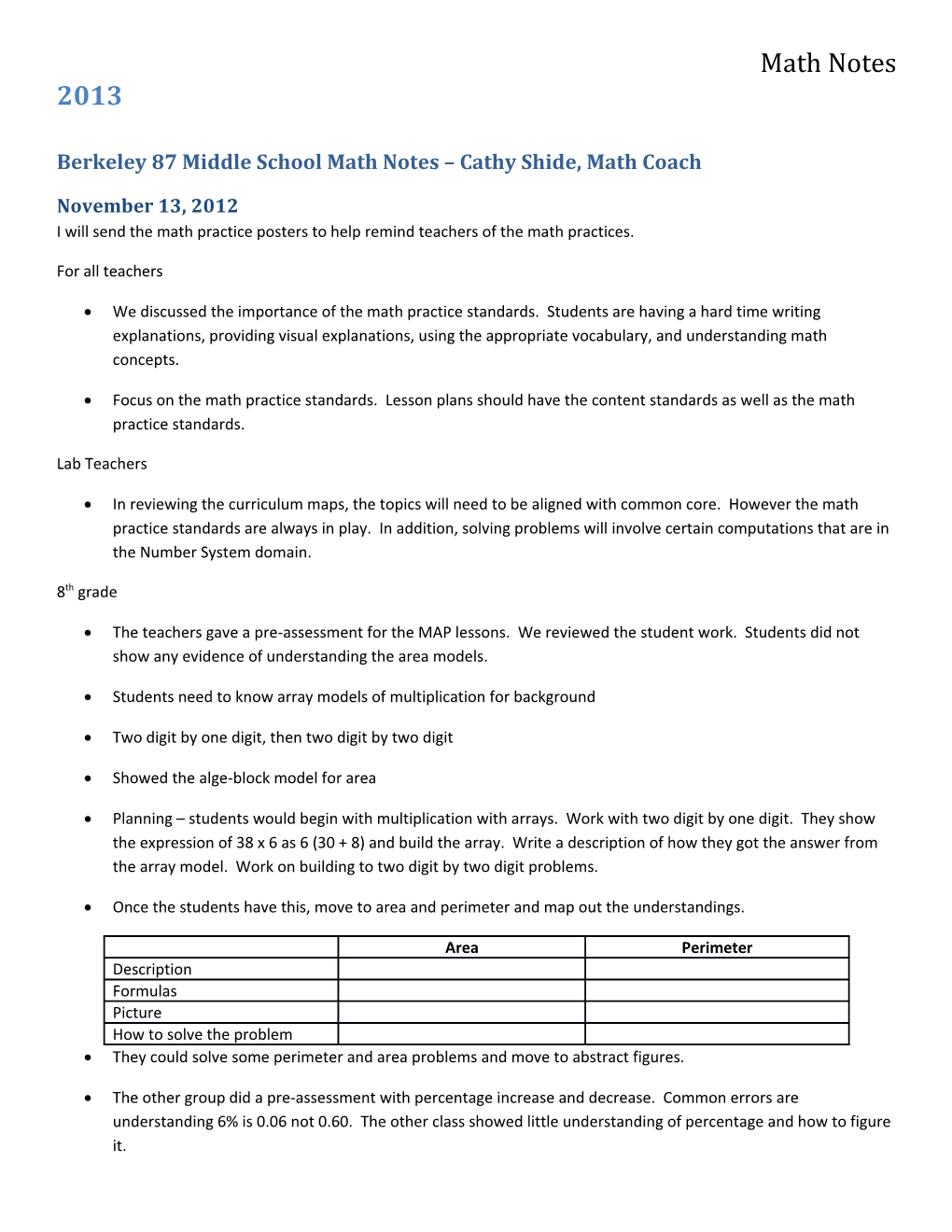 Berkeley 87 Middle School Math Notes Cathy Shide, Math Coach