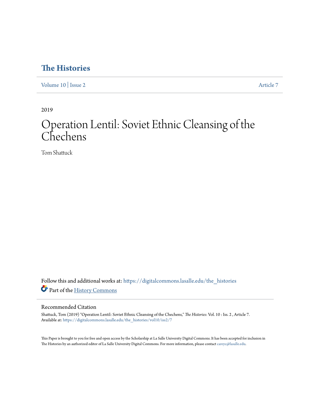 Operation Lentil: Soviet Ethnic Cleansing of the Chechens Tom Shattuck