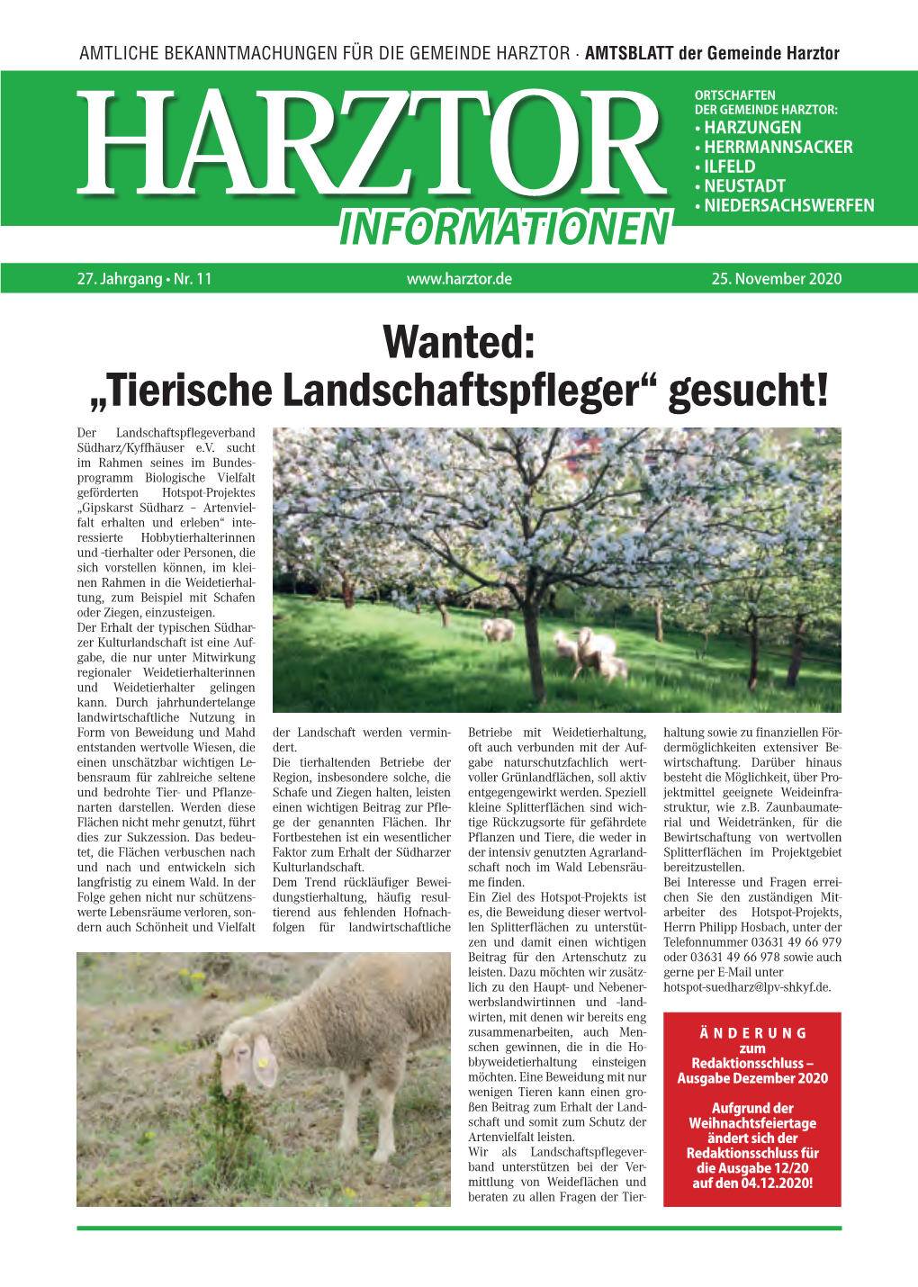 Wanted: „Tierische Landschaftspfleger“ Gesucht! Der Landschaftspflegeverband Südharz/Kyffhäuser E.V