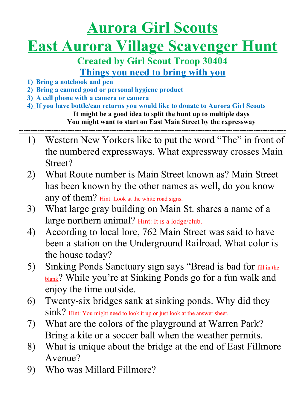 Aurora Girl Scouts East Aurora Village Scavenger Hunt