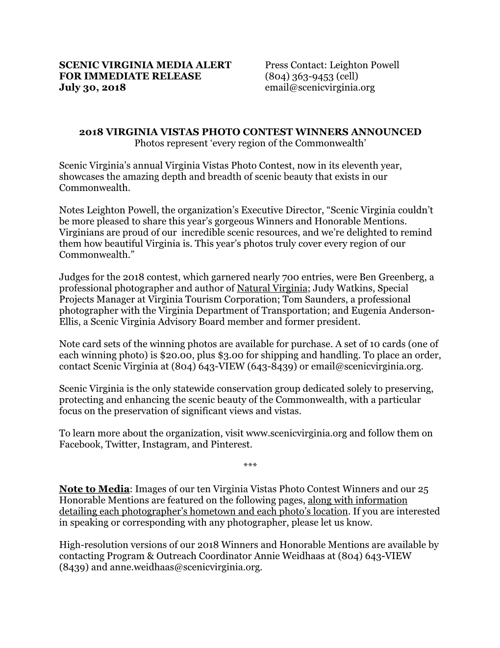 SCENIC VIRGINIA MEDIA ALERT Press Contact: Leighton Powell for IMMEDIATE RELEASE (804) 363-9453 (Cell) July 30, 2018 Email@Scenicvirginia.Org