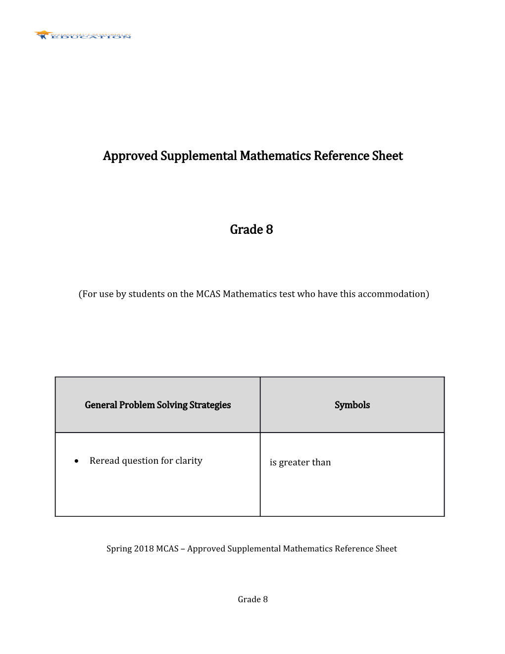 Grade 8 Supplemental Math Reference Sheet 2017-2018