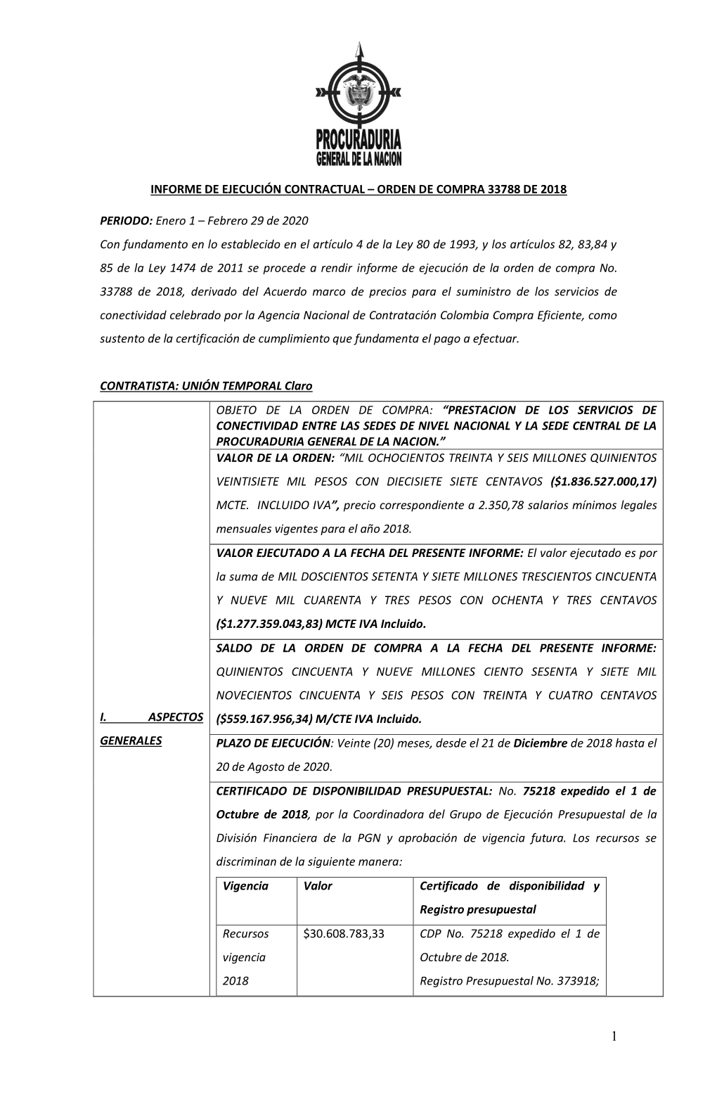 Informe De Ejecución Contractual – Orden De Compra 33788 De 2018