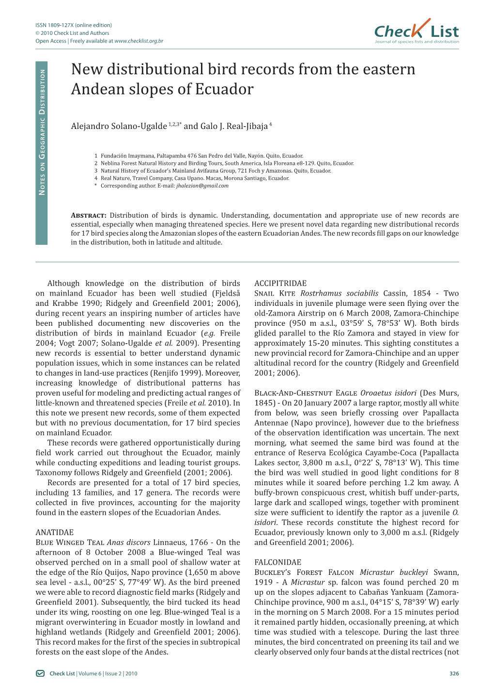 New Distributional Bird Records from the Eastern Andean Slopes of Ecuador Istributio D