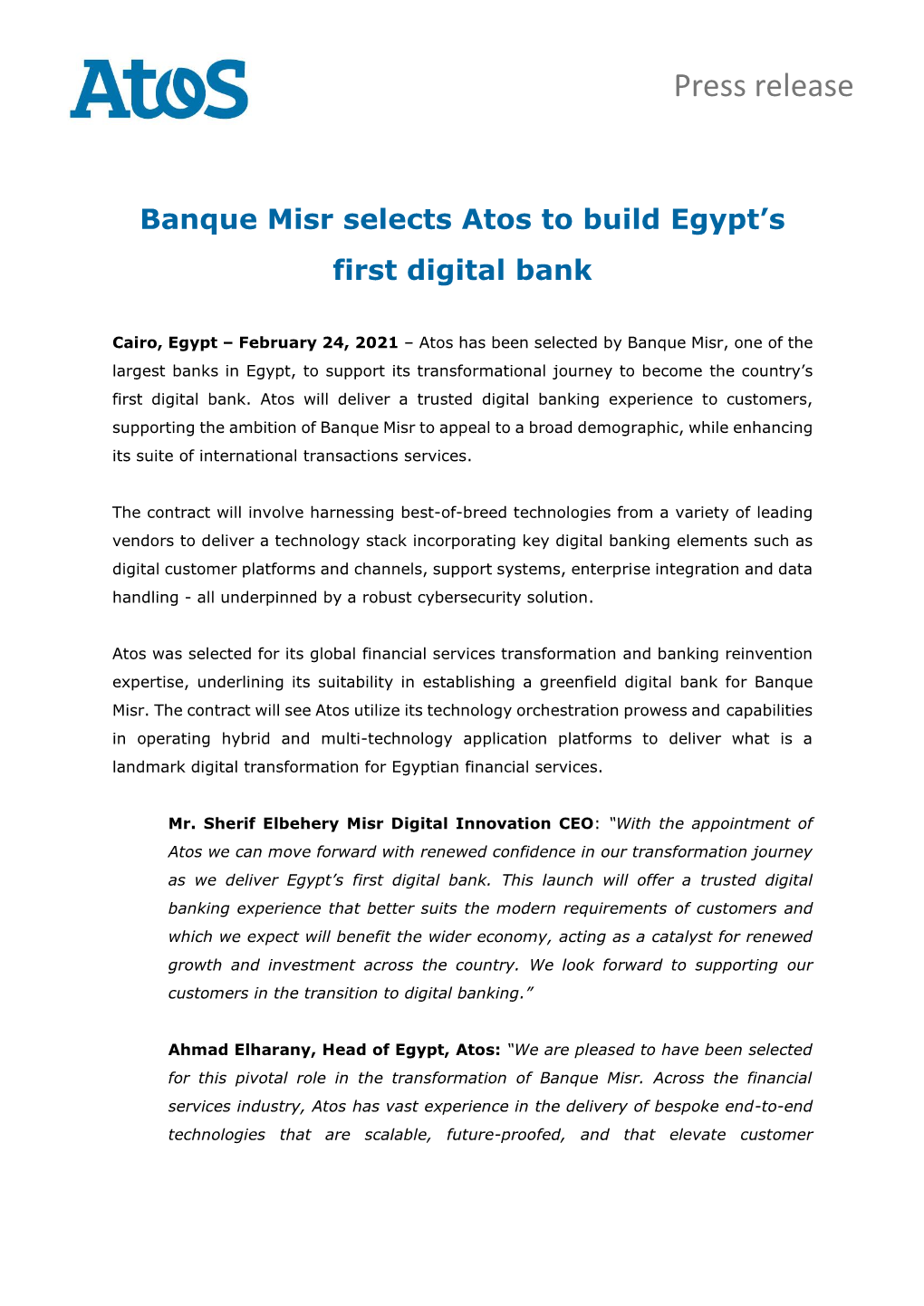 Banque Misr Selects Atos to Build Egypt's First Digital Bank