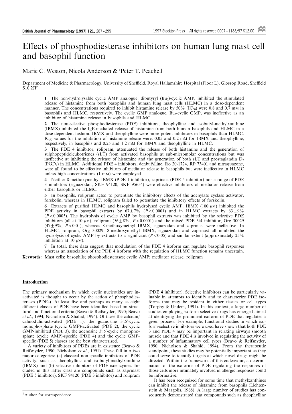 Effects of Phosphodiesterase Inhibitors on Human Lung Mast Cell and Basophil Function